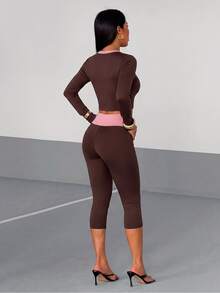 StreetHx Women's Yoga Fitness Sports Seamed Long Sleeve 3/4 Length Pants Set - Coffee Brown - View 2
