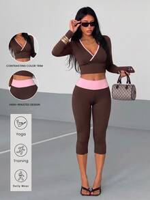 StreetHx Women's Yoga Fitness Sports Seamed Long Sleeve 3/4 Length Pants Set - Coffee Brown - View 1