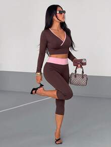 StreetHx Women's Yoga Fitness Sports Seamed Long Sleeve 3/4 Length Pants Set - Coffee Brown - View 5