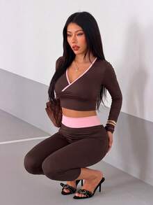 StreetHx Women's Yoga Fitness Sports Seamed Long Sleeve 3/4 Length Pants Set - Coffee Brown - View 6