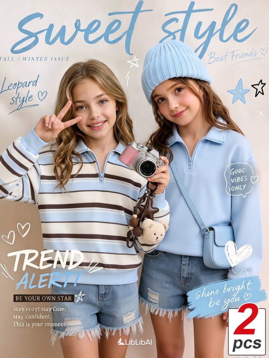 SHEIN Elladie kids 青少年女孩衛衣,淺藍色2件套,寬鬆版型,秋冬保暖,時尚百搭,休閒,連帽,抓絨內裡,冬季,秋季,舒適,日常穿著,拉鍊,街頭風 - 藍色 - 查看 1