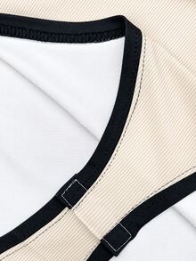 SHEIN 女款拼色 Polo 領羅紋針織連身內衣，修身長袖底層，法式黑白飾邊翻領，高彈力收腰塑形內著，奶油白對比飾邊 V 領 Polo 針織連身衣，垂直條紋顯瘦 - 彩色 - 查看 4