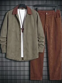HIMLAND Men's Single-Breasted Long Sleeve Shirt And Pocket Trousers Set - Multicolor - View 1