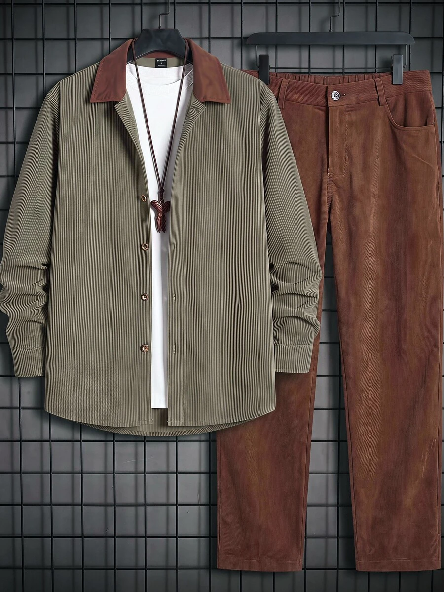 HIMLAND Men's Single-Breasted Long Sleeve Shirt And Pocket Trousers Set - Multicolor - View 1