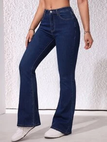 SHEIN ICON 女款休閒百搭喇叭牛仔褲，附口袋 - 藍色 - 查看 4