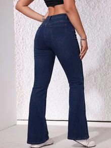 SHEIN ICON 女款休閒百搭喇叭牛仔褲，附口袋 - 藍色 - 查看 2