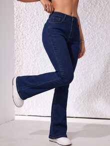 SHEIN ICON 女款休閒百搭喇叭牛仔褲，附口袋 - 藍色 - 查看 5