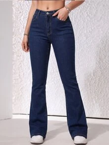 SHEIN ICON 女款休閒百搭喇叭牛仔褲，附口袋 - 藍色 - 查看 3