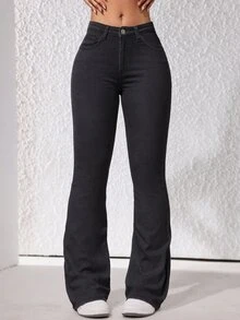 SHEIN ICON 女款休閒日常牛仔褲，附口袋與鈕扣設計 - 黑色 - 查看 3