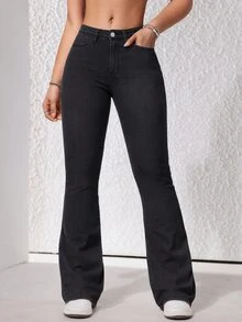SHEIN ICON 女款休閒日常牛仔褲，附口袋與鈕扣設計 - 黑色 - 查看 7