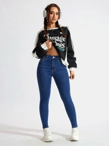 SHEIN ICON 女款高腰口袋修身休閒百搭牛仔褲 - 藍色 - 查看 3