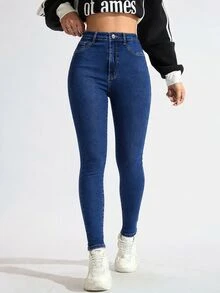 SHEIN ICON 女款高腰口袋修身休閒百搭牛仔褲 - 藍色 - 查看 7