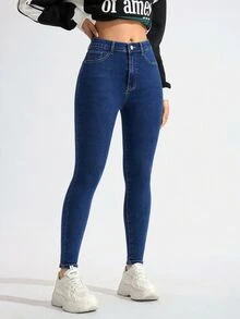 SHEIN ICON 女款高腰口袋修身休閒百搭牛仔褲 - 藍色 - 查看 4