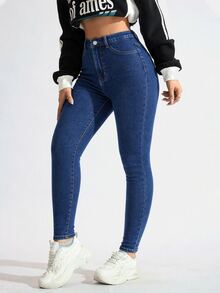 SHEIN ICON 女款高腰口袋修身休閒百搭牛仔褲 - 藍色 - 查看 6