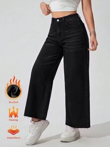 SHEIN ICON 女款大尺碼休閒日常直筒牛仔褲，附口袋與鈕扣設計 - 黑色 - 查看 1