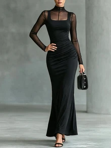 SHEIN Autumn/Winter Luxury Party Elegant 2 In 1 Long Sleeve High Neck Mesh Patchwork Solid Color Knit Square Neck Wide Strap Ruched Waist Fishtail Maxi Dress - Black - View 11