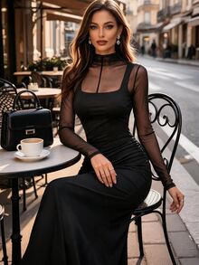 SHEIN Autumn/Winter Luxury Party Elegant 2 In 1 Long Sleeve High Neck Mesh Patchwork Solid Color Knit Square Neck Wide Strap Ruched Waist Fishtail Maxi Dress - Black - View 3