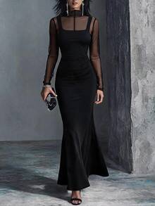 SHEIN Autumn/Winter Luxury Party Elegant 2 In 1 Long Sleeve High Neck Mesh Patchwork Solid Color Knit Square Neck Wide Strap Ruched Waist Fishtail Maxi Dress - Black - View 5