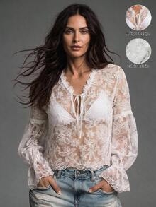 SHEIN Atasan renda putih berdesain menarik dengan hiasan bordir halus, Musim Gugur/Dingin - Putih - View 2