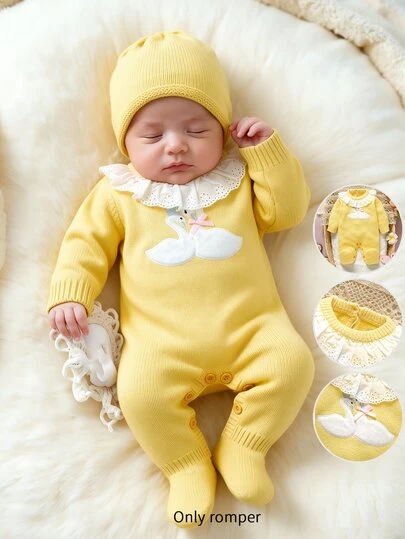 SHEIN 1pc Newborn Baby Girl Butter Yellow Sweater Romper,Cute Swan