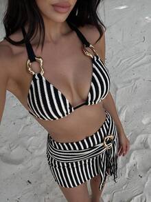 SHEIN Swim Women's 3 Pieces Swimwear Set, Special Fabric Solid Color Patchwork Halter Tie Backless Skirt, Summer Holiday Beach Outfit - Black and White - View 1
