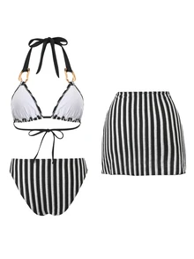 SHEIN Swim Women's 3 Pieces Swimwear Set, Special Fabric Solid Color Patchwork Halter Tie Backless Skirt, Summer Holiday Beach Outfit - Black and White - View 2