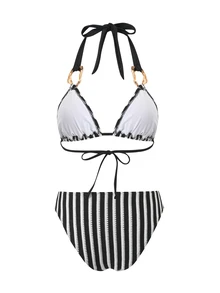 SHEIN Swim Women's 3 Pieces Swimwear Set, Special Fabric Solid Color Patchwork Halter Tie Backless Skirt, Summer Holiday Beach Outfit - Black and White - View 4
