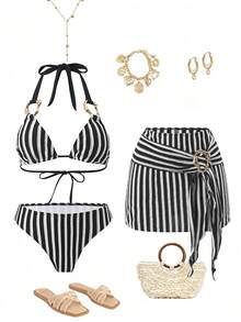 SHEIN Swim Women's 3 Pieces Swimwear Set, Special Fabric Solid Color Patchwork Halter Tie Backless Skirt, Summer Holiday Beach Outfit - Black and White - View 3