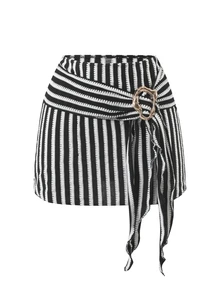 SHEIN Swim Women's 3 Pieces Swimwear Set, Special Fabric Solid Color Patchwork Halter Tie Backless Skirt, Summer Holiday Beach Outfit - Black and White - View 7