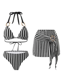 SHEIN Swim Women's 3 Pieces Swimwear Set, Special Fabric Solid Color Patchwork Halter Tie Backless Skirt, Summer Holiday Beach Outfit - Black and White - View 8