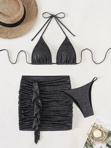 SHEIN Swim Women Plain Halter Back Tie Bikini Set Top + Triangle Bikini Set Bottom + Pleated Skirt Bikini Set 3 Pieces Summer Beach - Black - View 5