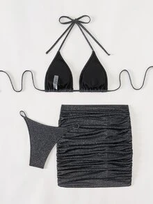 SHEIN Swim Women Plain Halter Back Tie Bikini Set Top + Triangle Bikini Set Bottom + Pleated Skirt Bikini Set 3 Pieces Summer Beach - Black - View 4