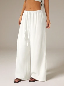 SHEIN PETITE Women's Solid Color Tie Waist Wide Leg Loose Casual Versatile Pants - White - View 5