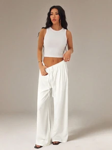 SHEIN PETITE Women's Solid Color Tie Waist Wide Leg Loose Casual Versatile Pants - White - View 3