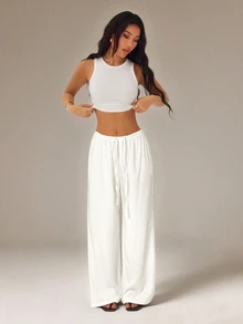 SHEIN PETITE Women's Solid Color Tie Waist Wide Leg Loose Casual Versatile Pants - White - View 7