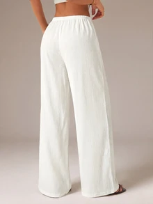 SHEIN PETITE Women's Solid Color Tie Waist Wide Leg Loose Casual Versatile Pants - White - View 2