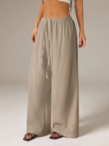 SHEIN PETITE Women's Solid Color Tie Waist Wide Leg Loose Casual Versatile Pants ,Petite Women - Mocha Brown - View 5