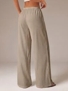 SHEIN PETITE Women's Solid Color Tie Waist Wide Leg Loose Casual Versatile Pants ,Petite Women - Mocha Brown - View 2