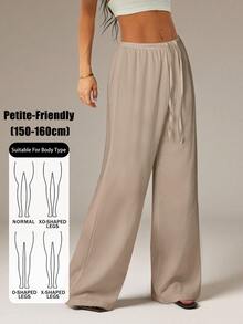 SHEIN PETITE Women's Solid Color Tie Waist Wide Leg Loose Casual Versatile Pants ,Petite Women - Mocha Brown - View 7