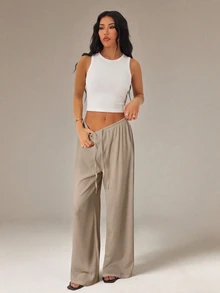 SHEIN PETITE Women's Solid Color Tie Waist Wide Leg Loose Casual Versatile Pants ,Petite Women - Mocha Brown - View 3