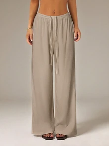 SHEIN PETITE Women's Solid Color Tie Waist Wide Leg Loose Casual Versatile Pants ,Petite Women - Mocha Brown - View 8