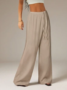 SHEIN PETITE Women's Solid Color Tie Waist Wide Leg Loose Casual Versatile Pants ,Petite Women - Mocha Brown - View 4