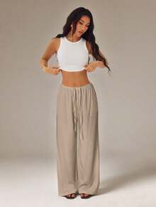 SHEIN PETITE Women's Solid Color Tie Waist Wide Leg Loose Casual Versatile Pants ,Petite Women - Mocha Brown - View 6