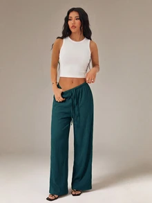 SHEIN PETITE 女款純色綁腰寬腿鬆身長褲，休閒百搭度假風，深青色，夏季，小個子女性適用 - 墨綠色 - 查看 3