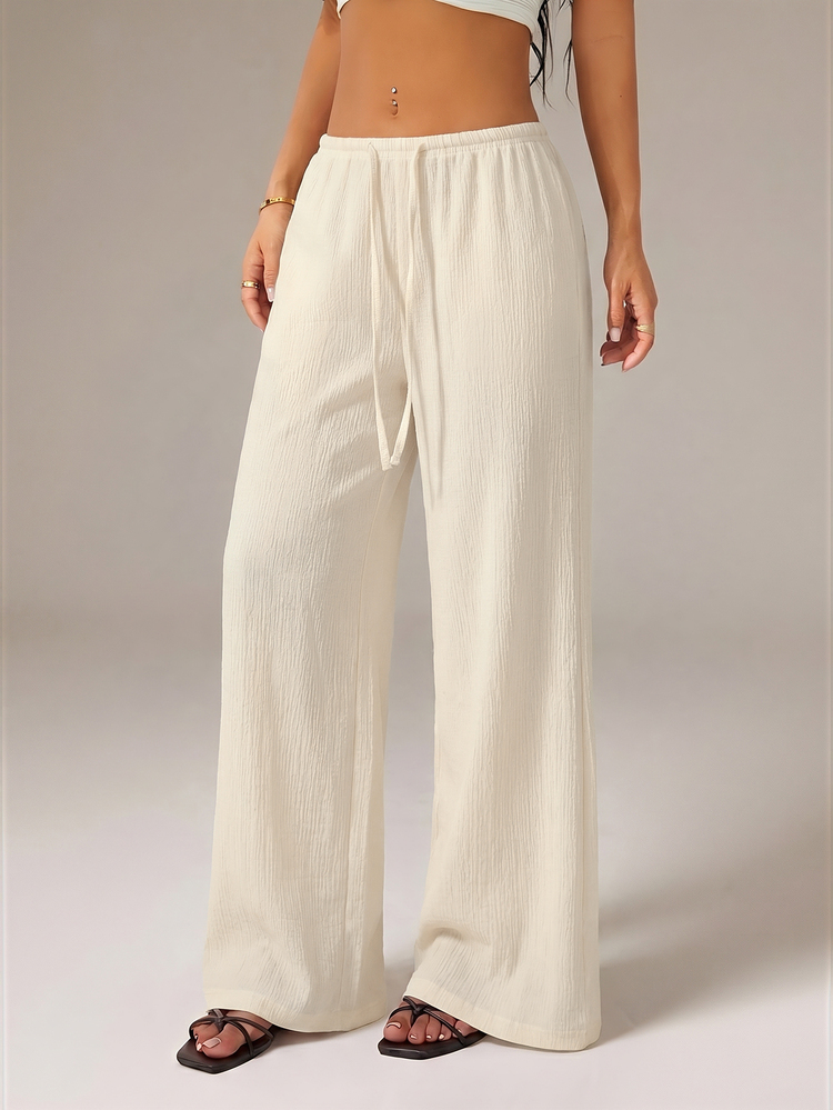 SHEIN PETITE Women's Solid Color Tie Waist Wide Leg Loose Casual All-Match Versatile Pants Vacation Off-White Summer Brunch - Light Yellow - View 3