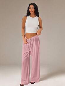 SHEIN PETITE Women's Solid Color Tie Waist Wide Leg Loose Casual Versatile Pants - Pink - View 5