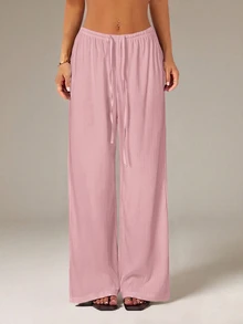 SHEIN PETITE Women's Solid Color Tie Waist Wide Leg Loose Casual Versatile Pants - Pink - View 7