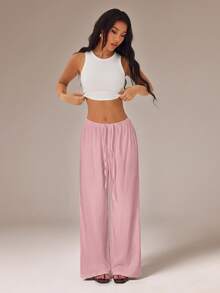SHEIN PETITE Women's Solid Color Tie Waist Wide Leg Loose Casual Versatile Pants - Pink - View 3