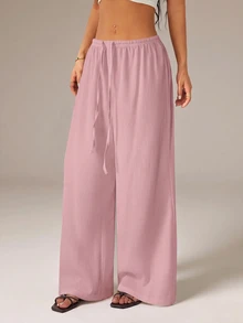 SHEIN PETITE Women's Solid Color Tie Waist Wide Leg Loose Casual Versatile Pants - Pink - View 4