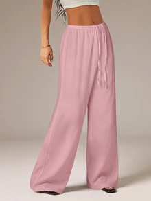 SHEIN PETITE Women's Solid Color Tie Waist Wide Leg Loose Casual Versatile Pants - Pink - View 6